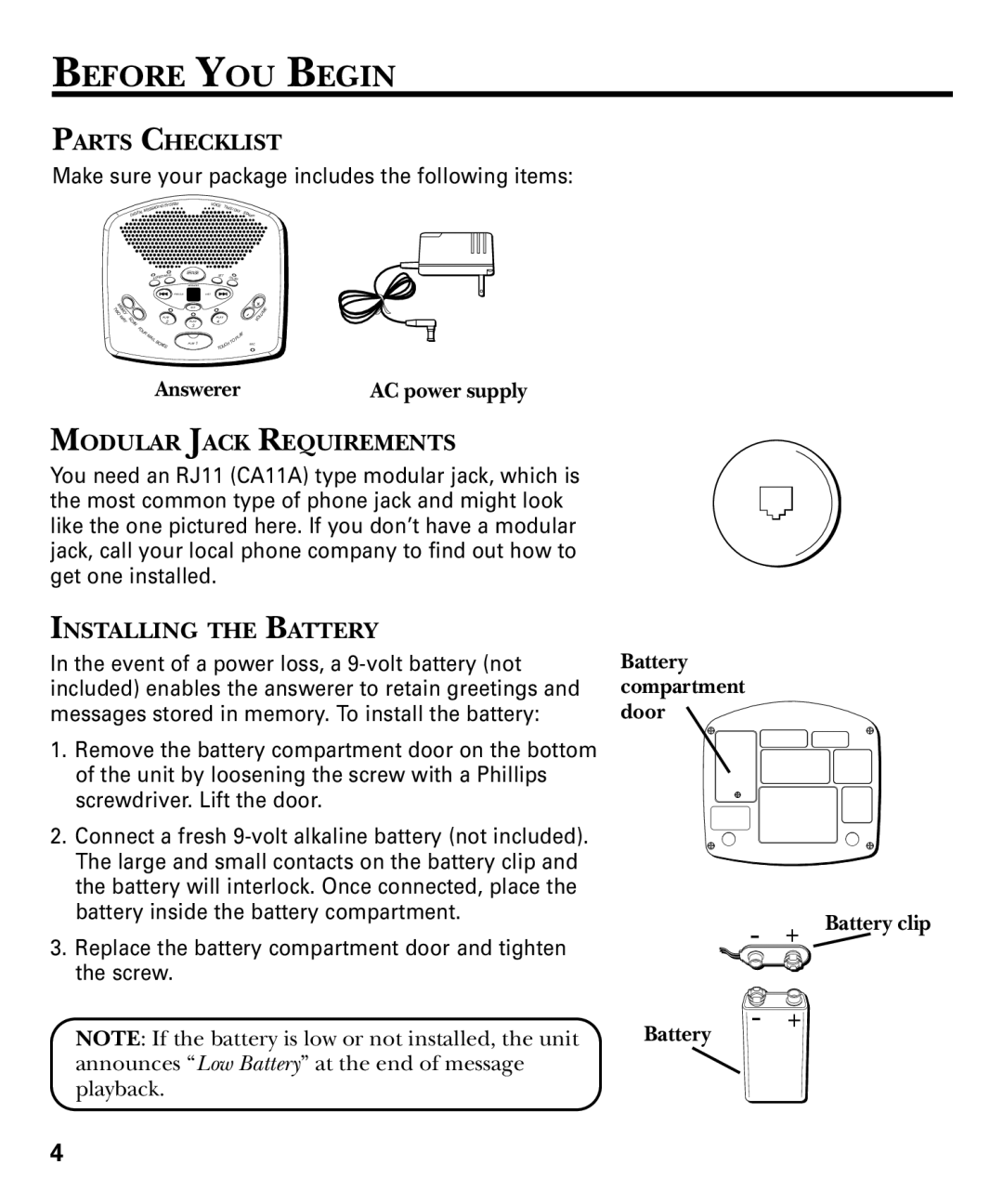 GE 29869 Series manual Before YOU Begin, Parts Checklist, Modular Jack Requirements, Installing the Battery 