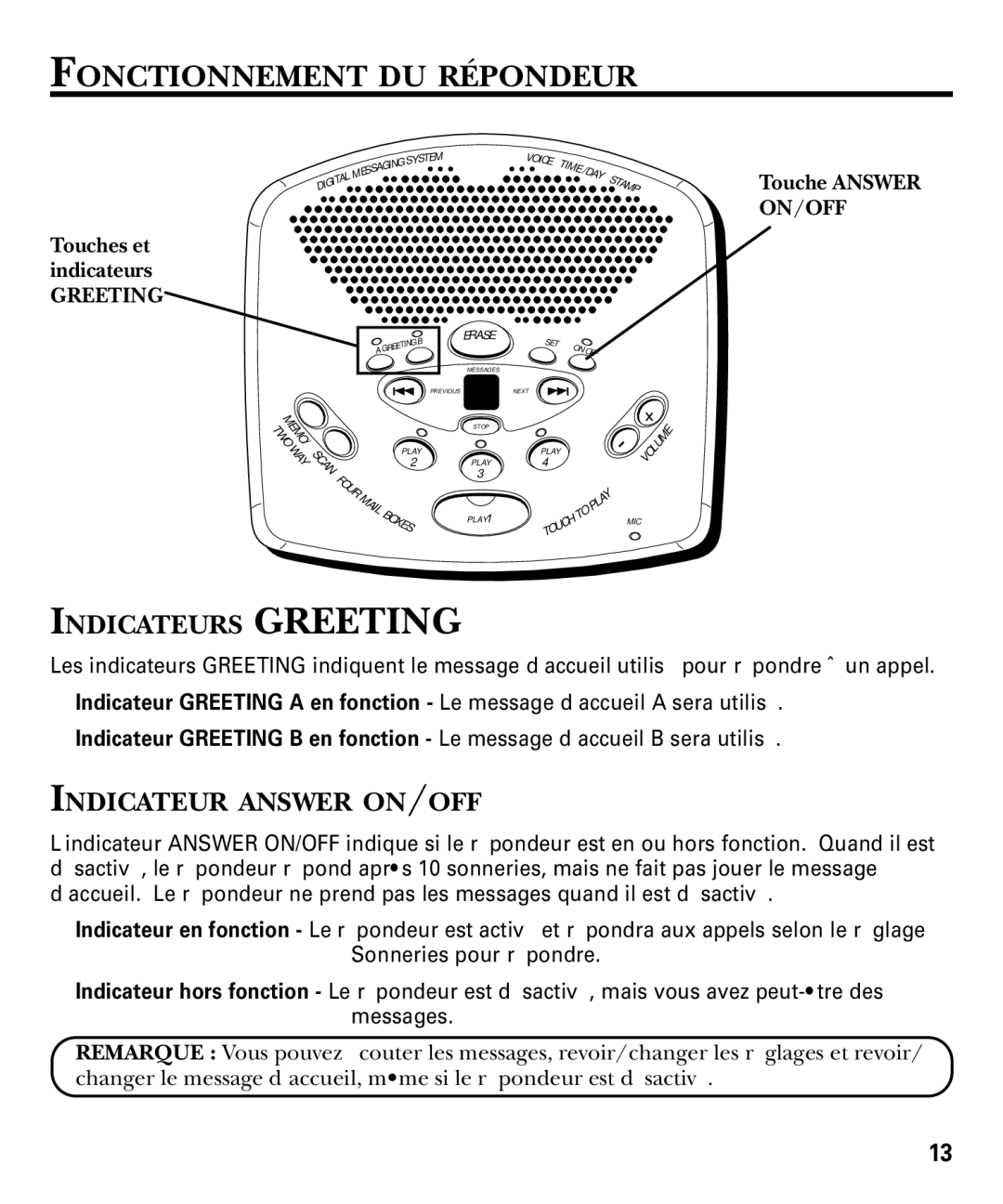 GE 29869 Series manual Fonctionnement DU Répondeur, Indicateurs Greeting, Indicateur Answer ON/OFF 