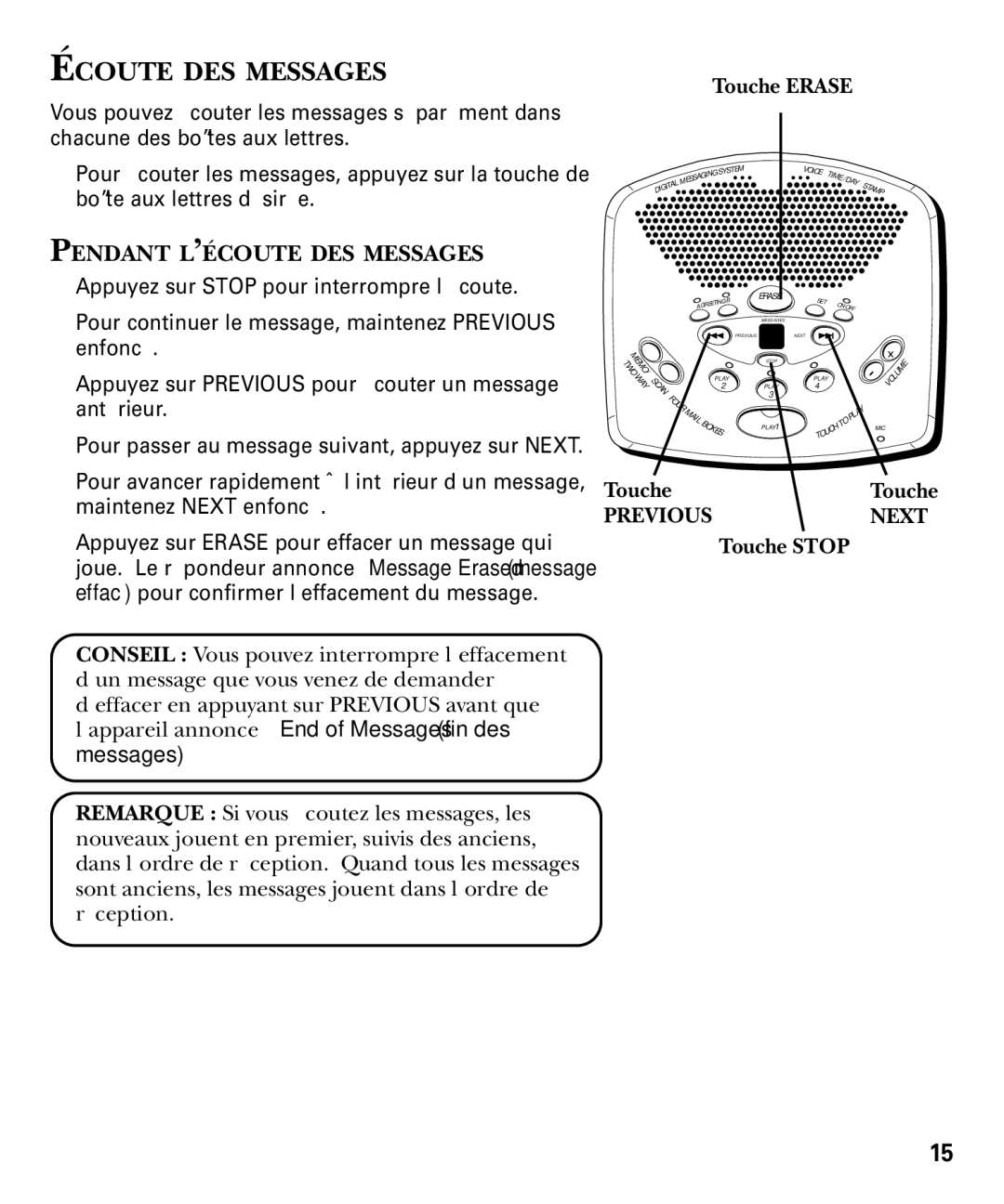 GE 29869 Series manual Écoute DES Messages, Touche Erase, Pendant L’ÉCOUTE DES Messages, Touche Stop 