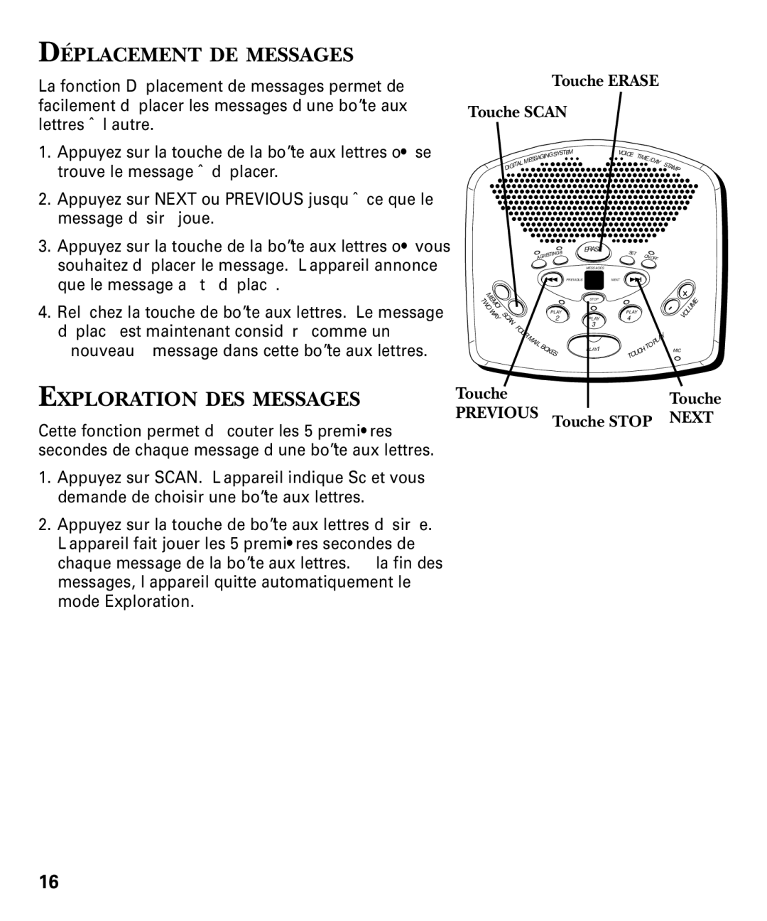 GE 29869 Series manual Déplacement DE Messages, Exploration DES Messages, Nouveau message dans cette boîte aux lettres 