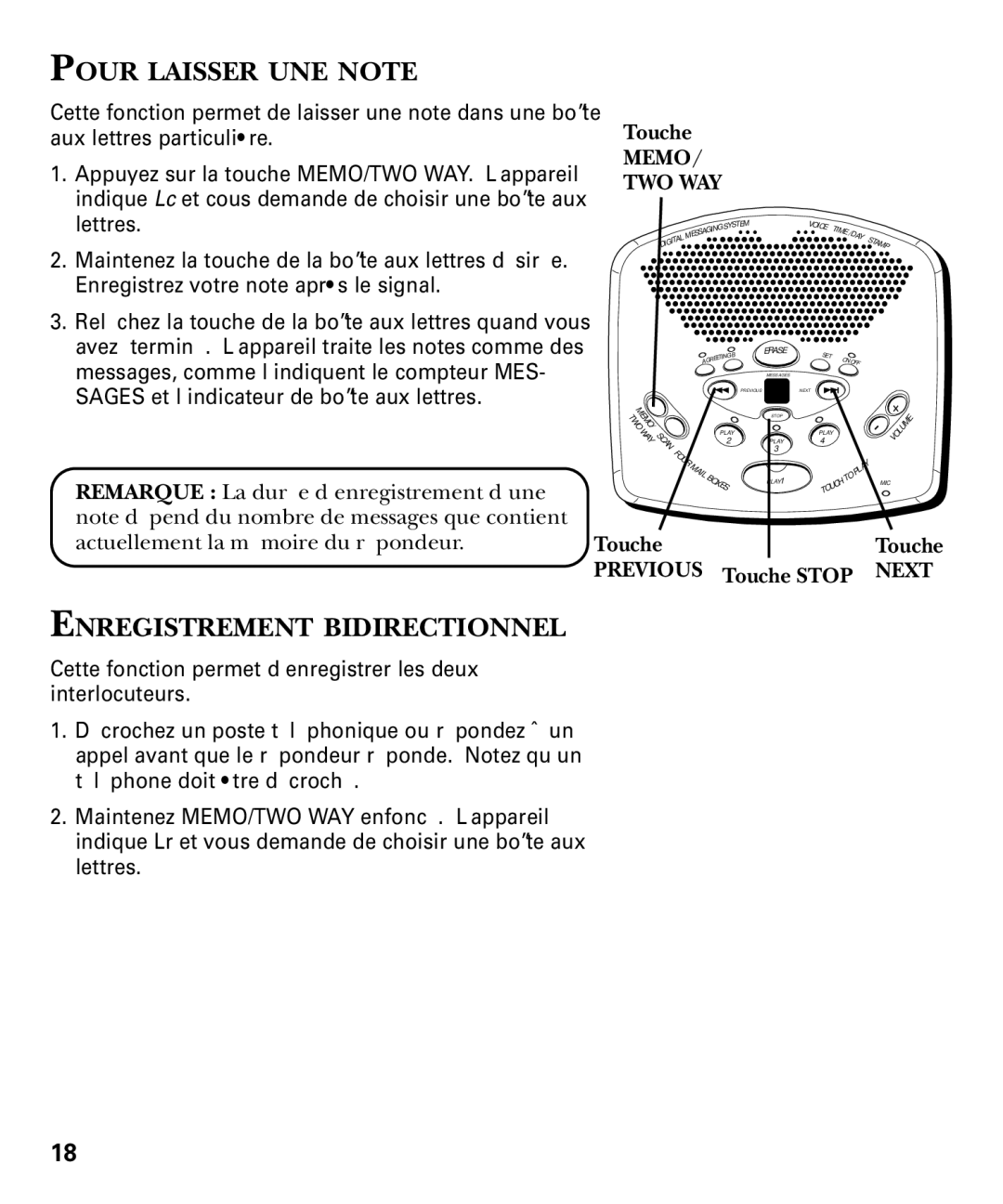 GE 29869 Series manual Pour Laisser UNE Note, Enregistrement Bidirectionnel, Memo TWO WAY 