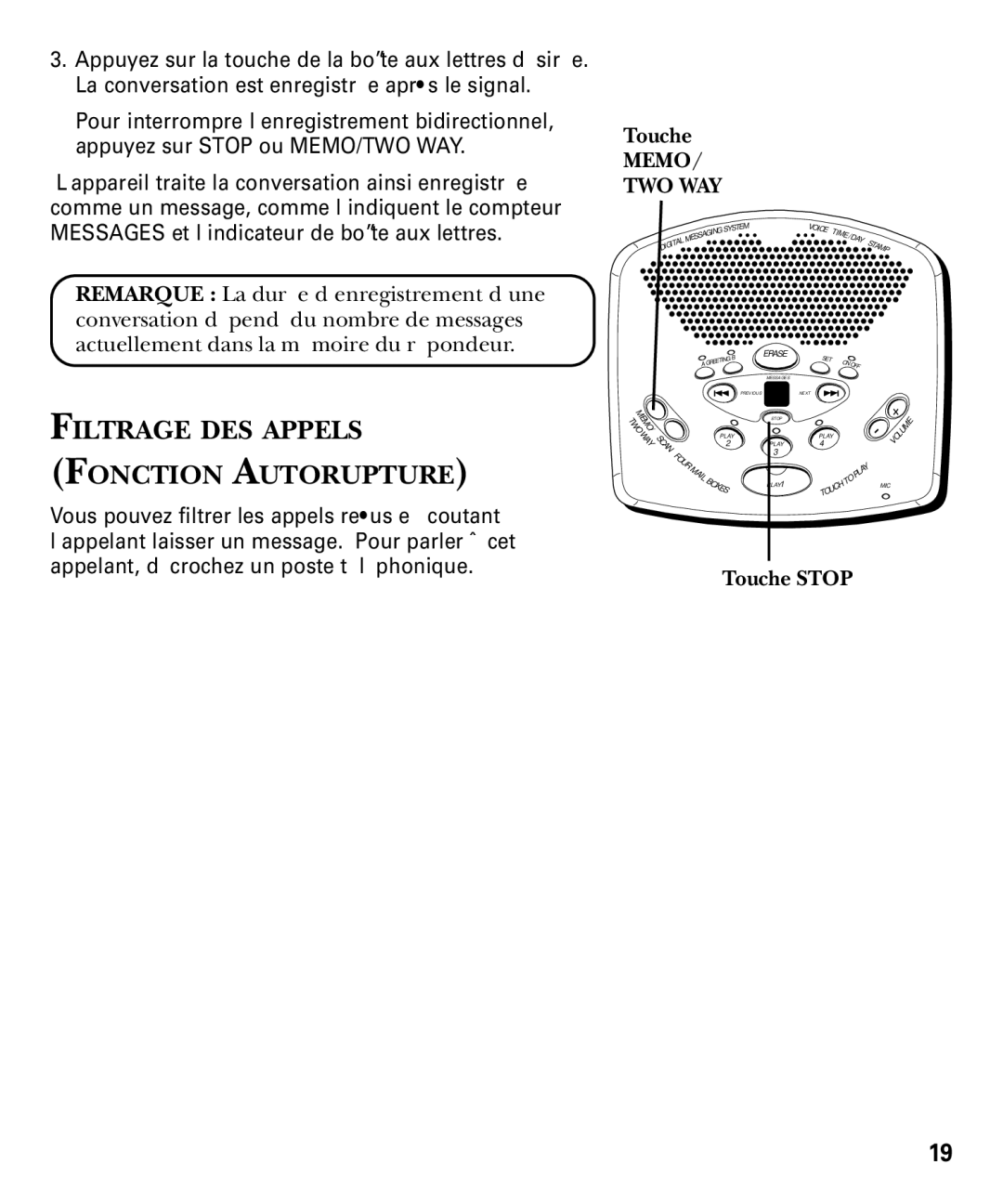 GE 29869 Series manual Filtrage DES Appels Fonction Autorupture, Touche Stop 