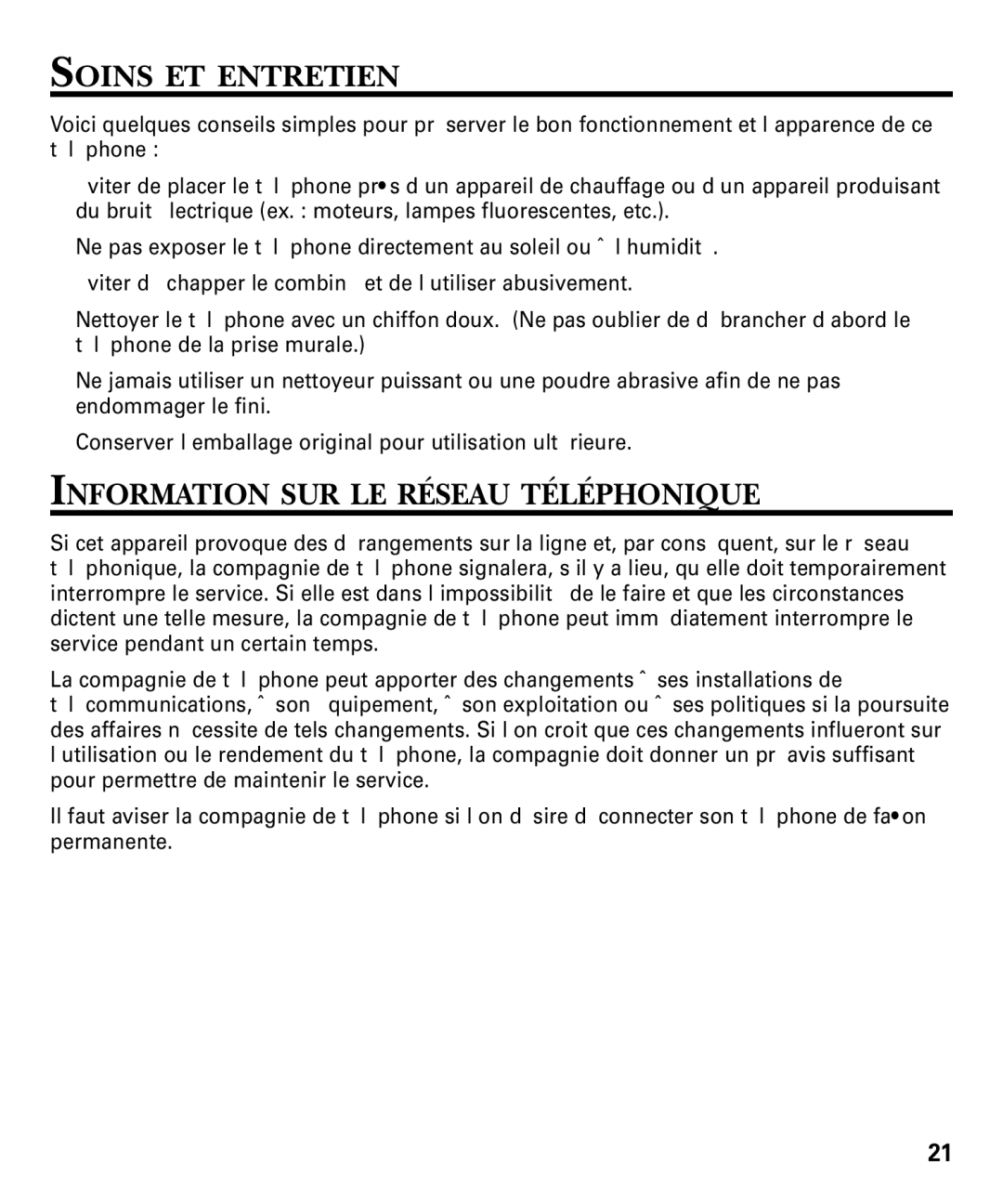 GE 29869 Series manual Soins ET Entretien, Information SUR LE Réseau Téléphonique 