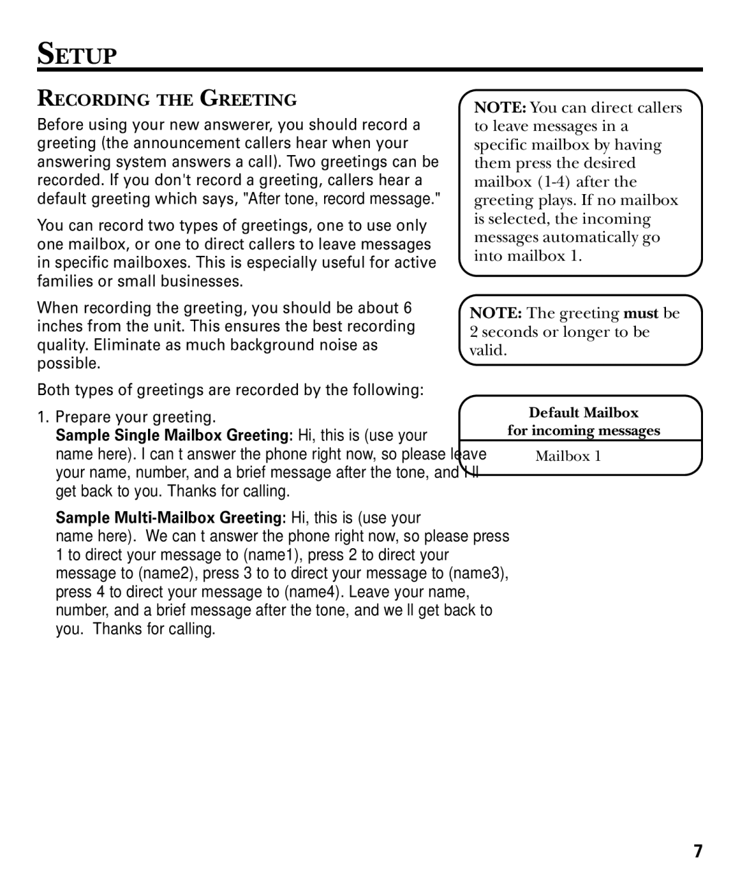 GE 29869 Series manual Setup, Recording the Greeting 