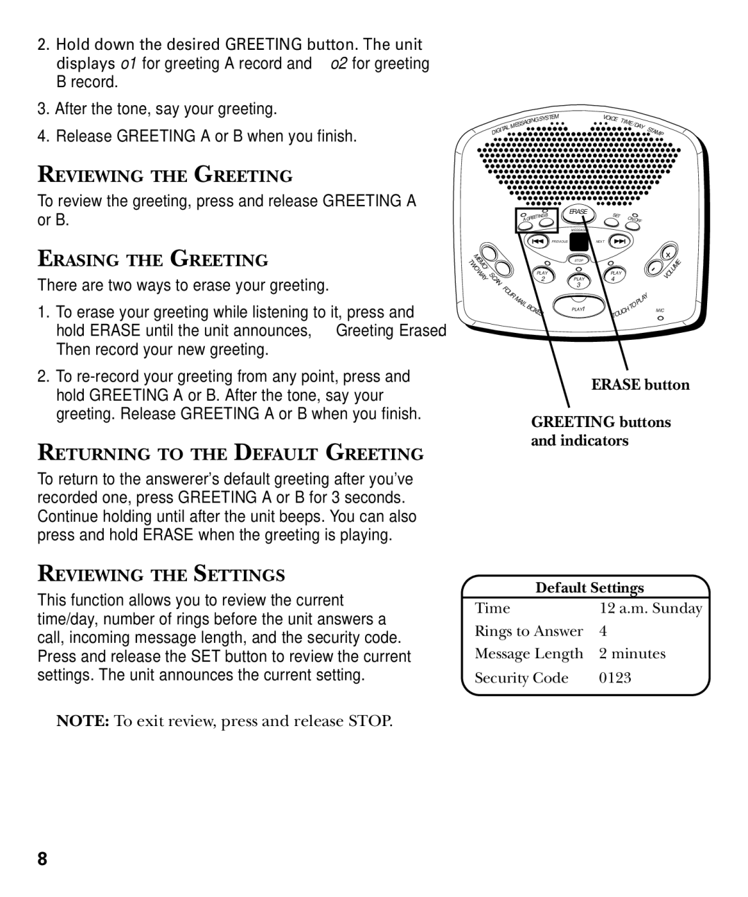 GE 29869 Series Reviewing the Greeting, Erasing the Greeting, Returning to the Default Greeting, Reviewing the Settings 