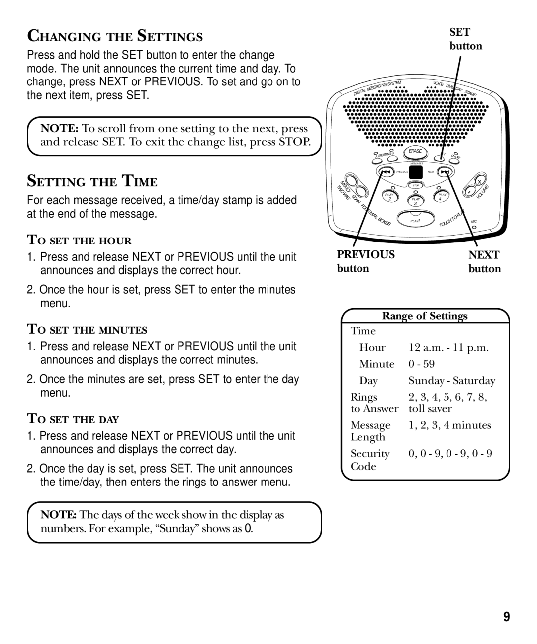 GE 29869 Series manual Changing the Settings, Setting the Time, Previous Next 