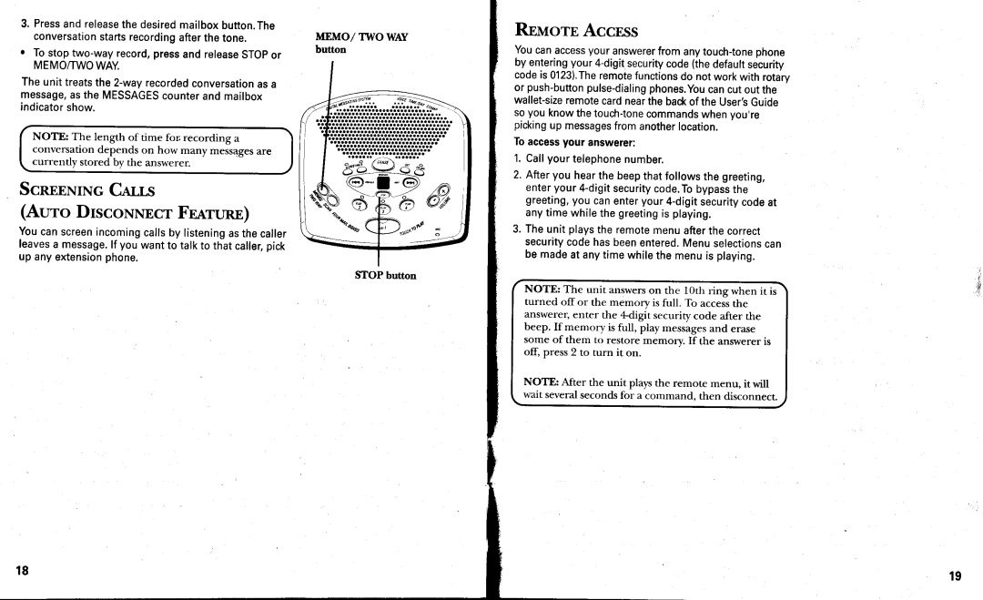 GE 29869 manual Rnuorn Accnss, ScnrnNruc Cens Auro DrscoNNncr Feature, Memo/Twoway 