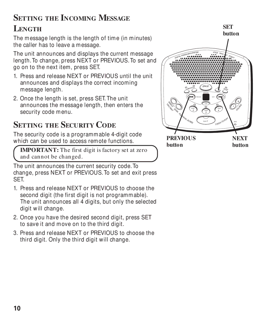 GE 29869 manual Setting the Incoming Message Length, SET button, Setting the Security Code 