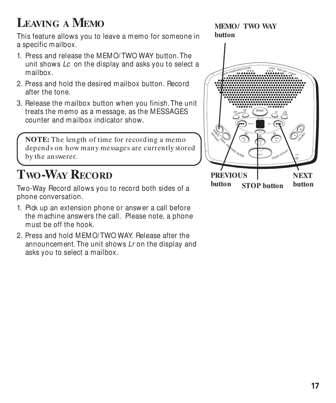 GE 29869 manual Leaving a Memo, TWO-WAY Record, MEMO/ TWO WAY button, Button Stop button 