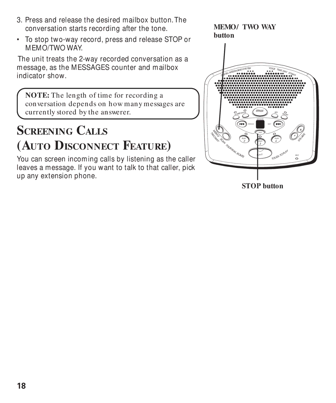 GE 29869 manual Screening Calls Auto Disconnect Feature, Stop button 