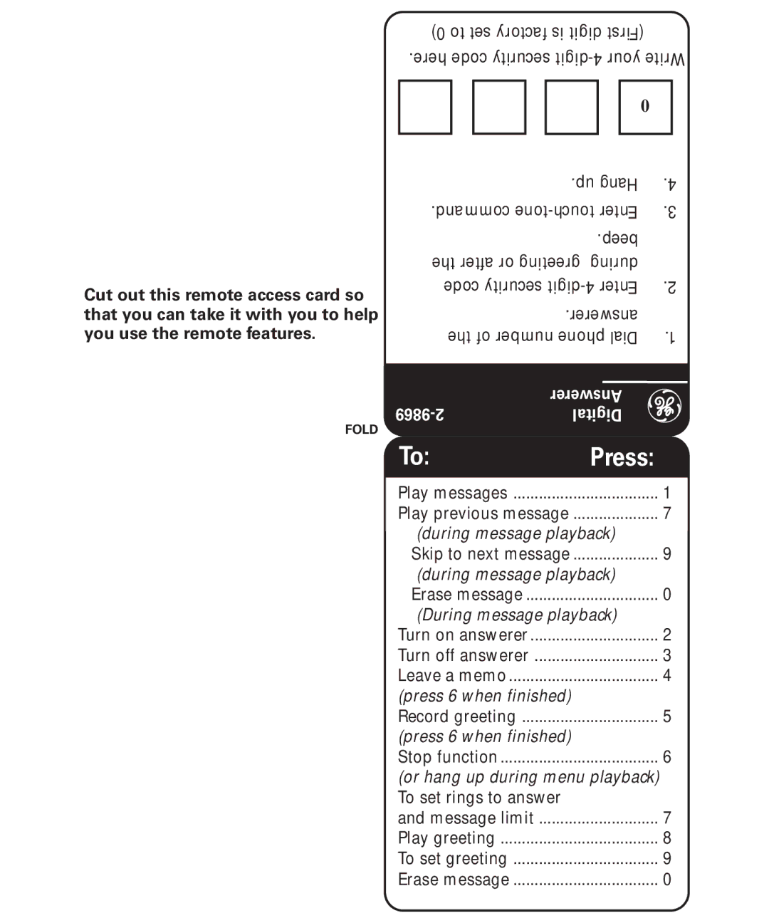 GE 29869 manual Press 