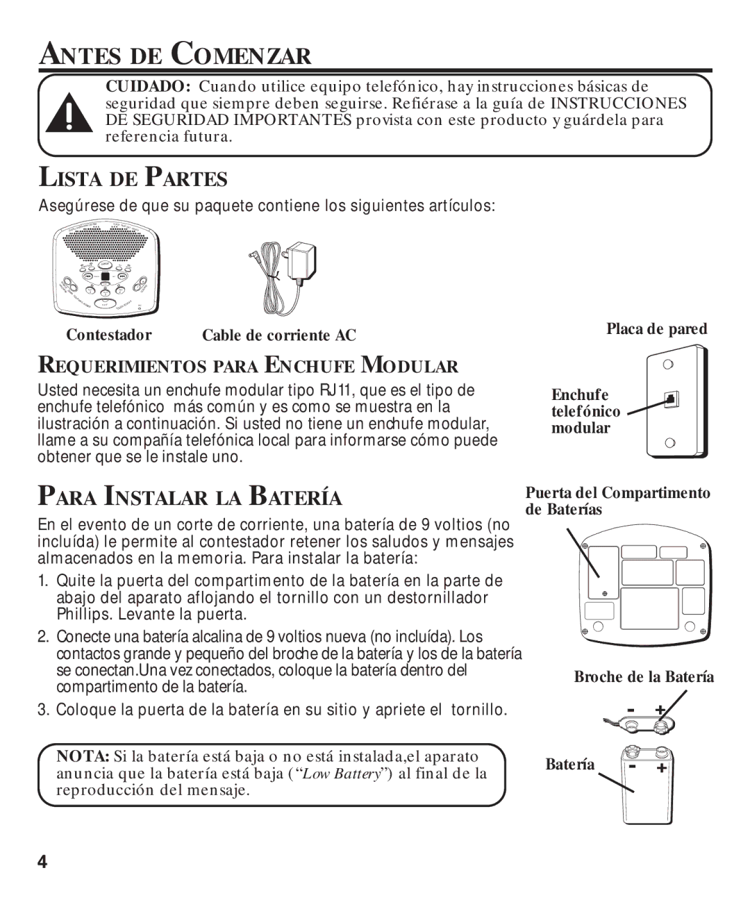 GE 29869 manual Antes DE Comenzar, Lista DE Partes, Para Instalar LA Batería, Requerimientos Para Enchufe Modular 