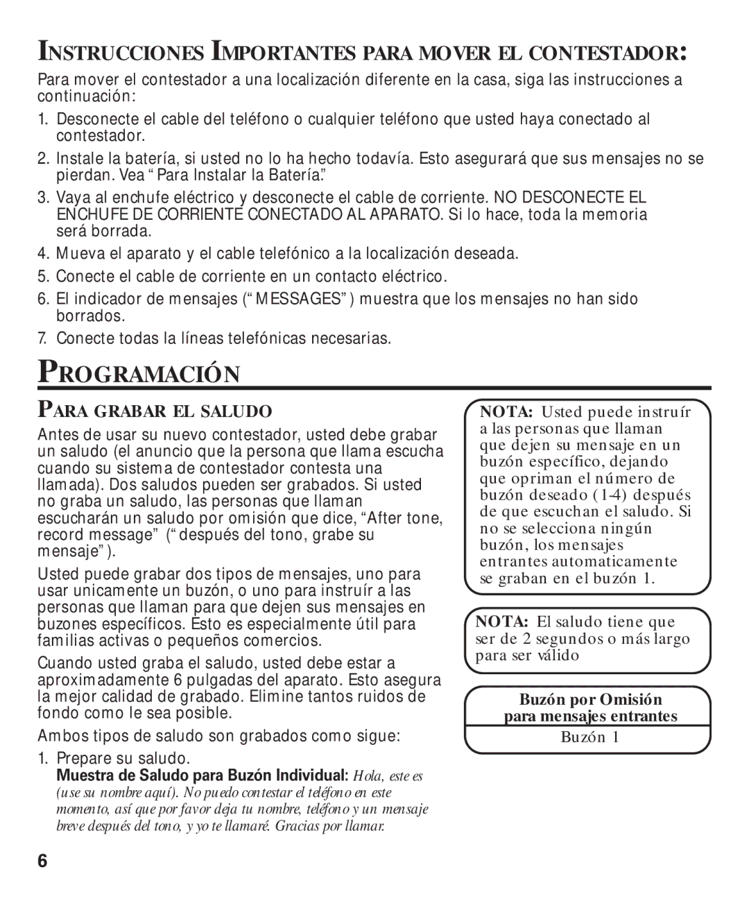 GE 29869 manual Programación, Instrucciones Importantes Para Mover EL Contestador, Para Grabar EL Saludo 