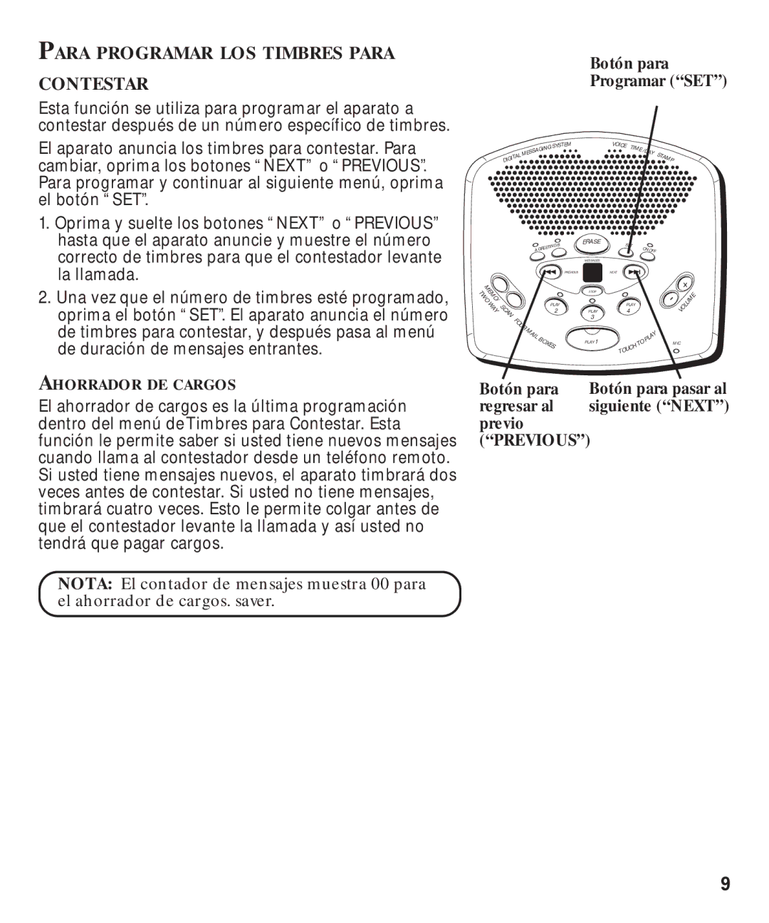 GE 29869 manual Para Programar LOS Timbres Para Contestar, Regresar al, Previous 