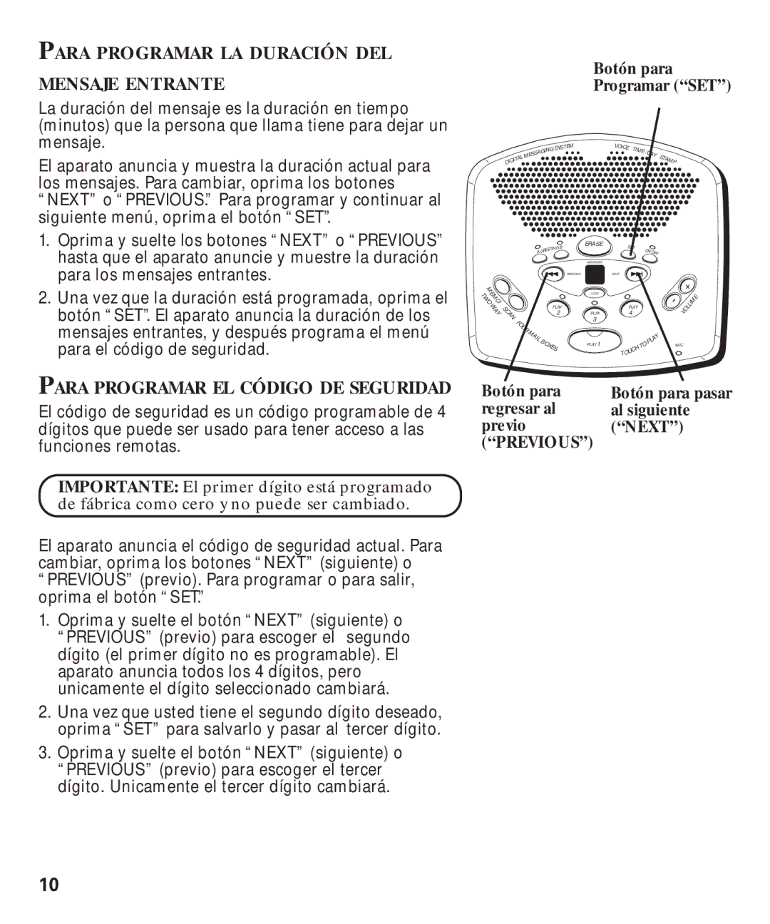 GE 29869 manual Para Programar LA Duración DEL Mensaje Entrante, Para Programar EL Código DE Seguridad, Next 