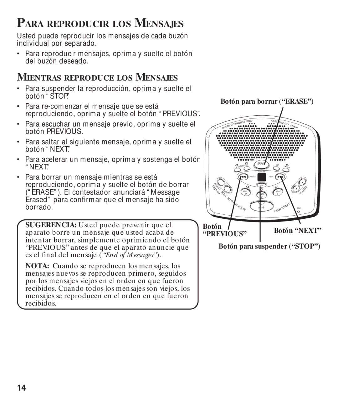 GE 29869 Para Reproducir LOS Mensajes, Mientras Reproduce LOS Mensajes, Botón para borrar Erase, Botón para suspender Stop 