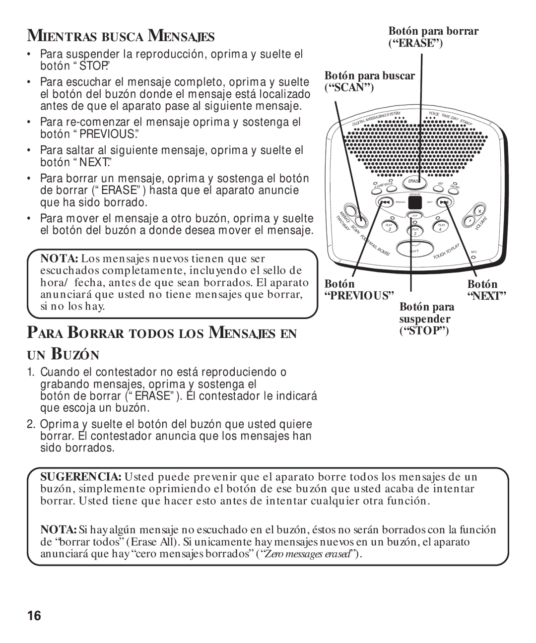 GE 29869 manual Mientras Busca Mensajes, Para Borrar Todos LOS Mensajes EN UN Buzón 