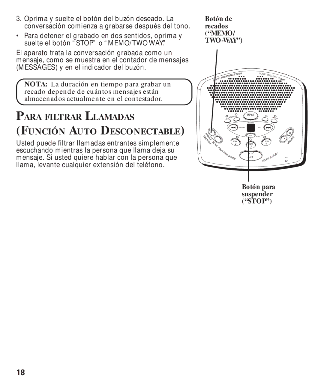 GE 29869 manual Para Filtrar Llamadas Función Auto Desconectable 