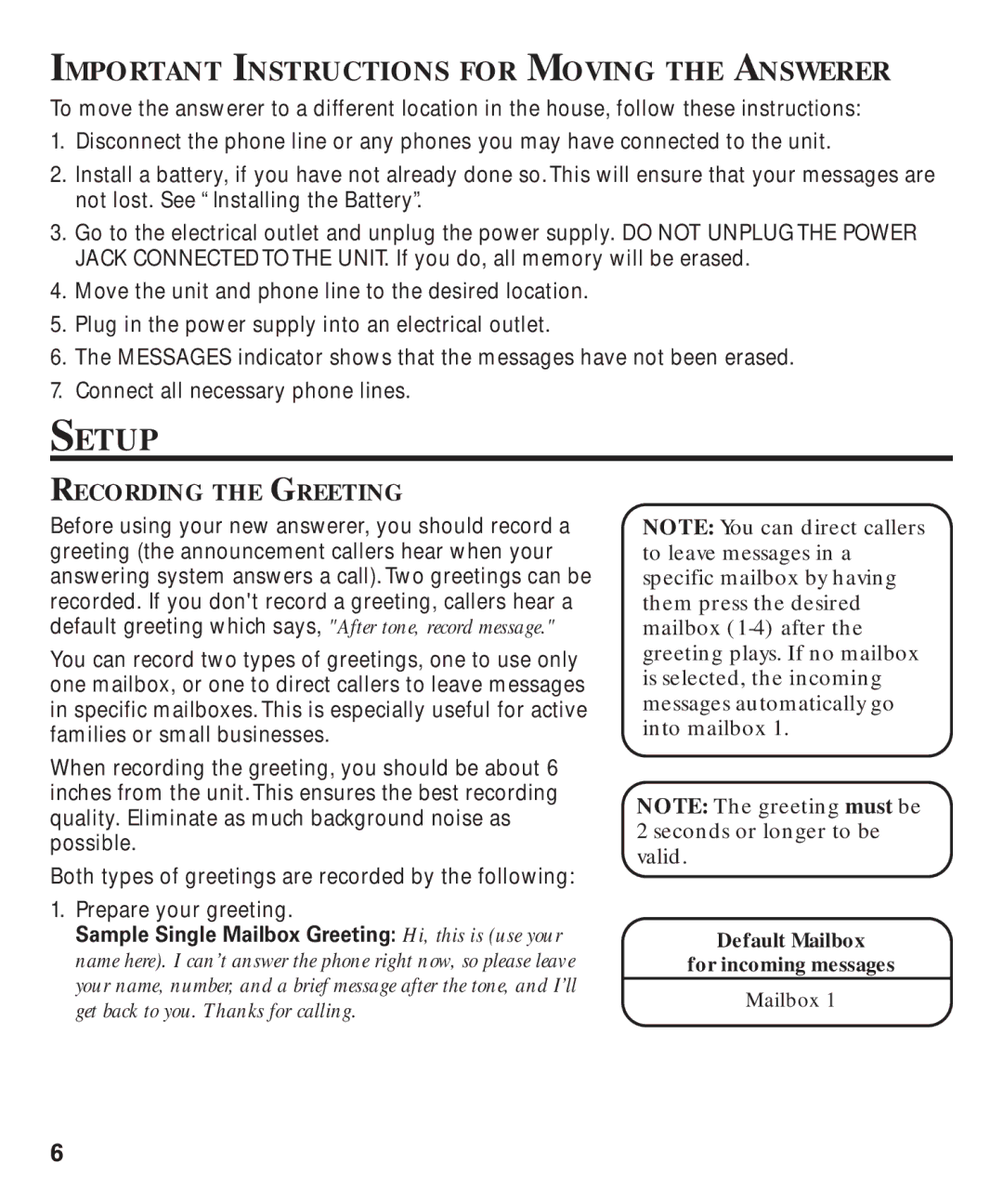 GE 29869 manual Setup, Important Instructions for Moving the Answerer, Recording the Greeting 