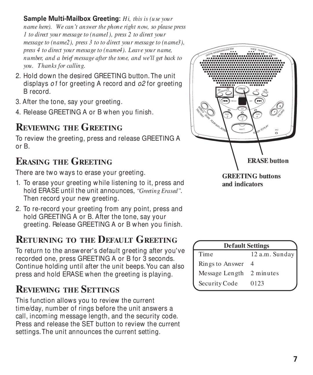 GE 29869 manual Reviewing the Greeting, Erasing the Greeting, Returning to the Default Greeting, Reviewing the Settings 