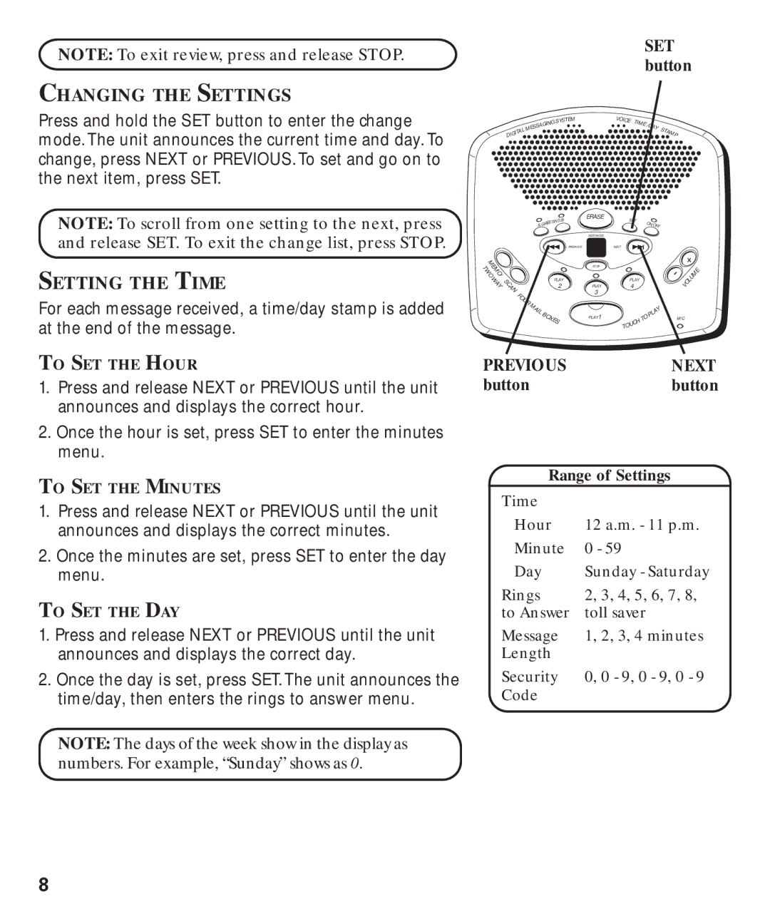 GE 29869 manual Changing the Settings, Setting the Time, Previous Next, Button 