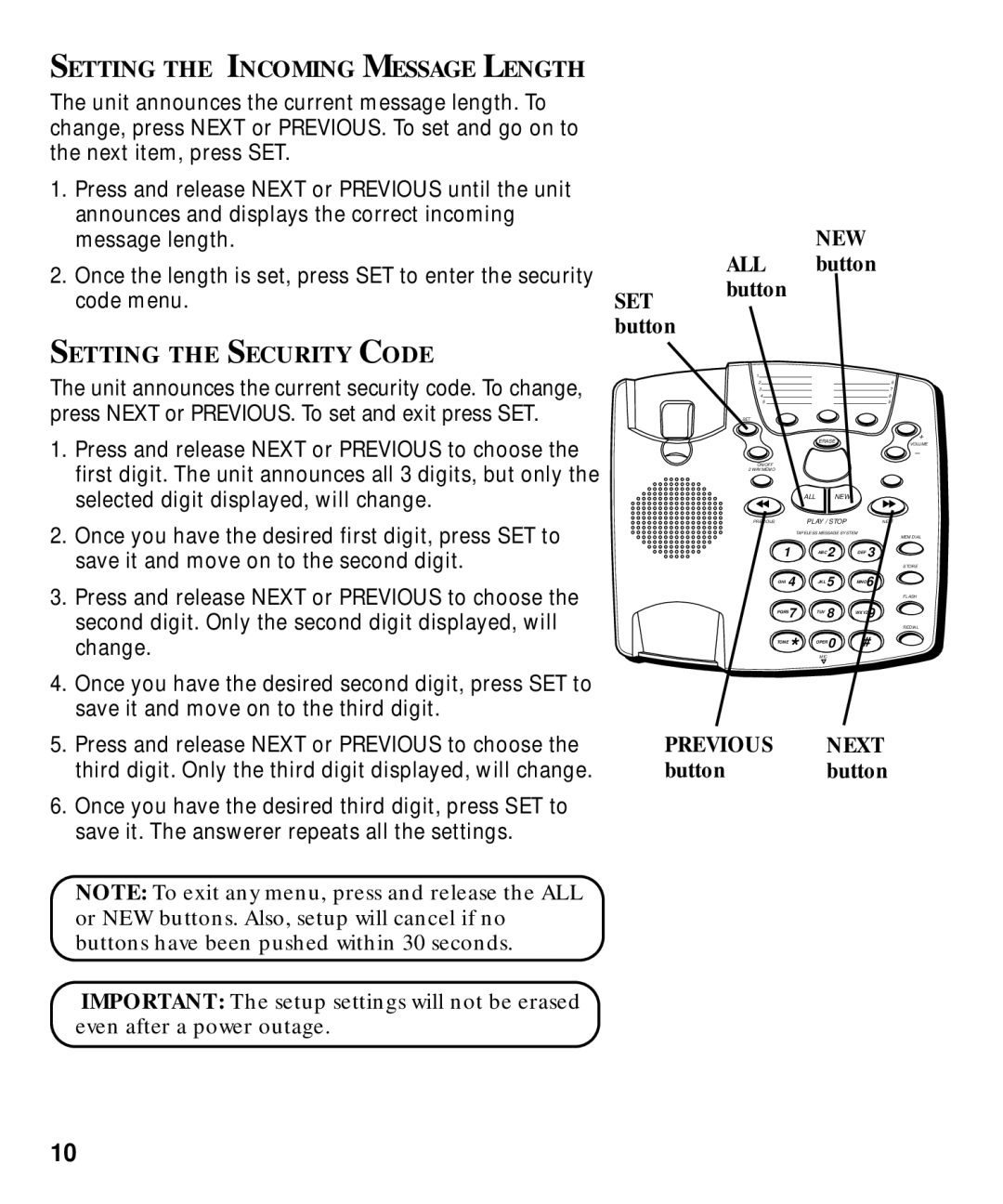 GE 29870 Series manual Setting the Incoming Message Length, Setting the Security Code, ALL button button 