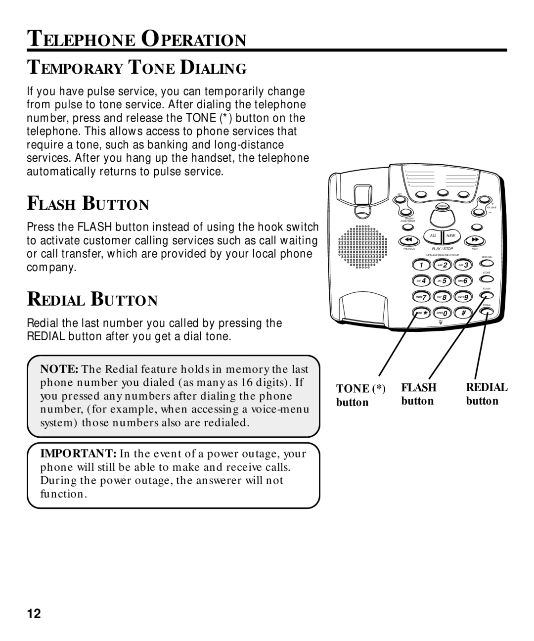 GE 29870 Series manual Telephone Operation, Temporary Tone Dialing, Flash Button, Redial Button 