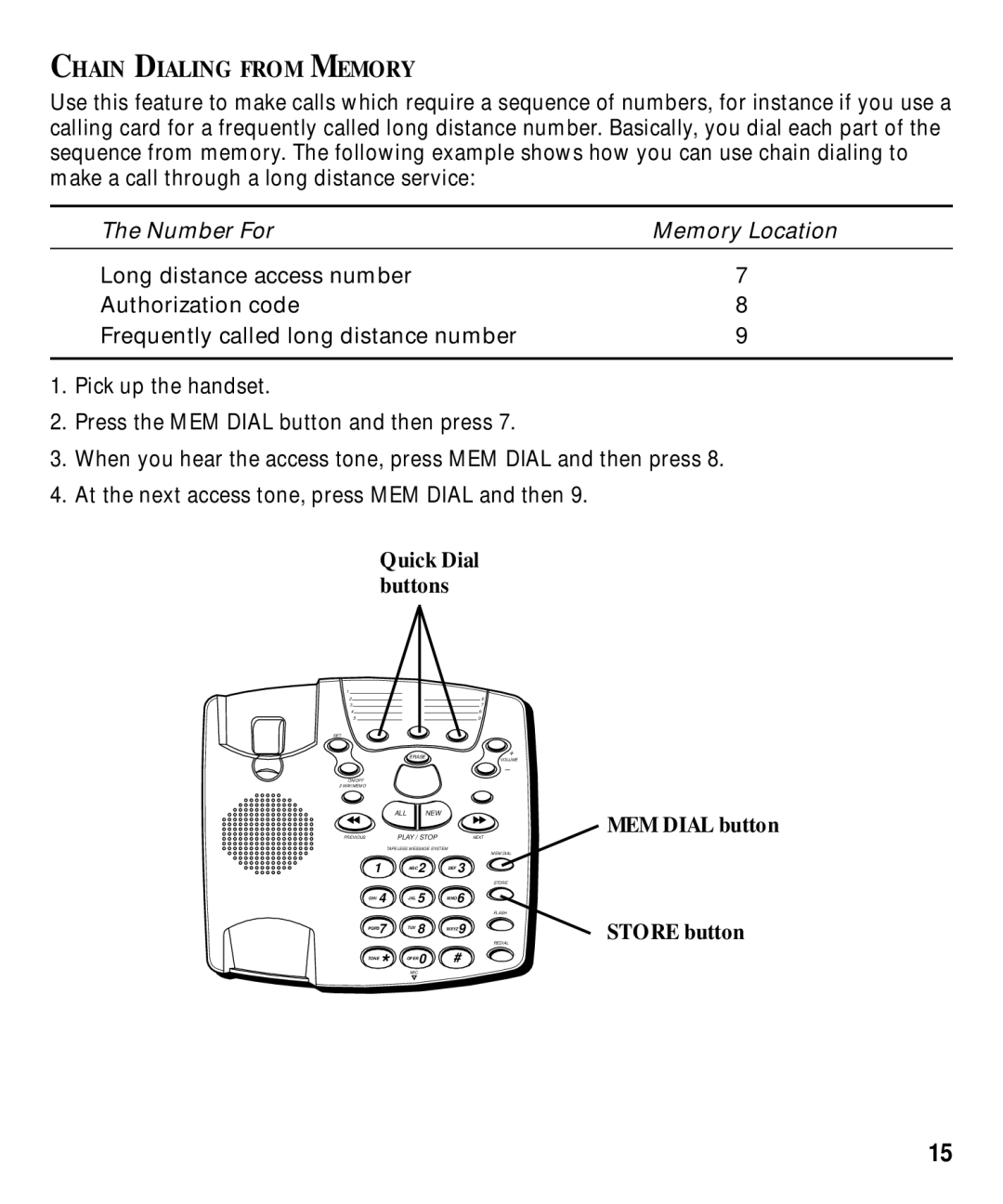 GE 29870 Series manual Chain Dialing from Memory, Store button 