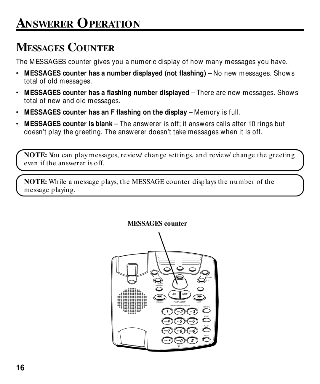 GE 29870 Series manual Answerer Operation, Messages Counter, Messages counter 