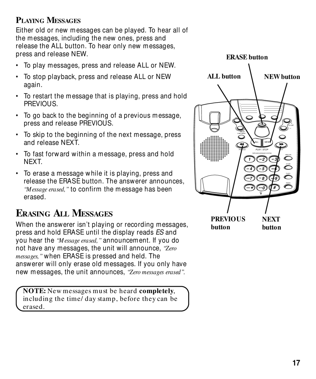 GE 29870 Series manual Erasing ALL Messages, Erase button ALL button 