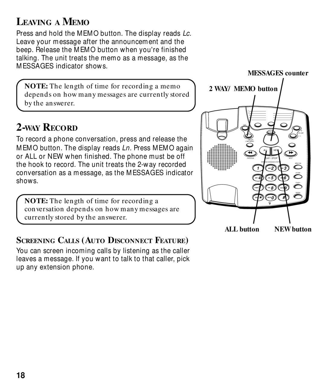 GE 29870 Series manual Leaving a Memo, WAY Record, Messages counter WAY/ Memo button 
