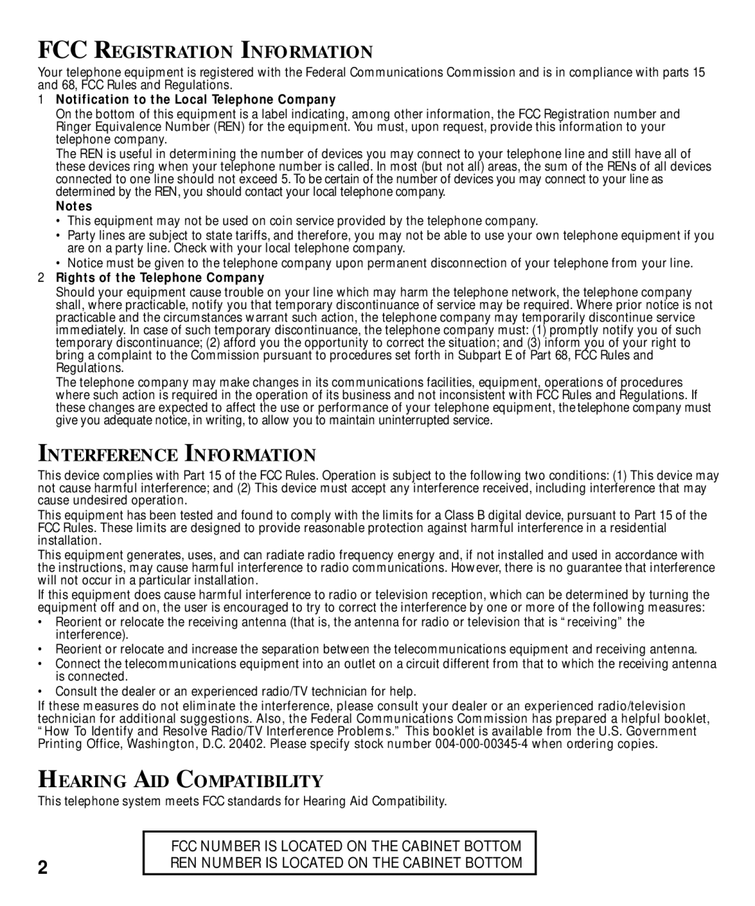 GE 29870 Series manual FCC Registration Information, Interference Information, Hearing AID Compatibility 