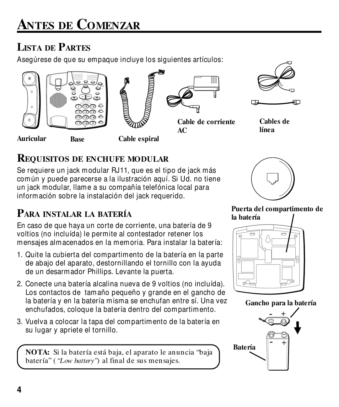 GE 29870 Series manual Antes DE Comenzar, Lista DE Partes, Requisitos DE Enchufe Modular, Para Instalar LA Batería 