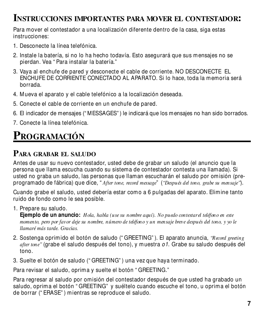 GE 29870 Series manual Programación, Instrucciones Importantes Para Mover EL Contestador, Para Grabar EL Saludo 