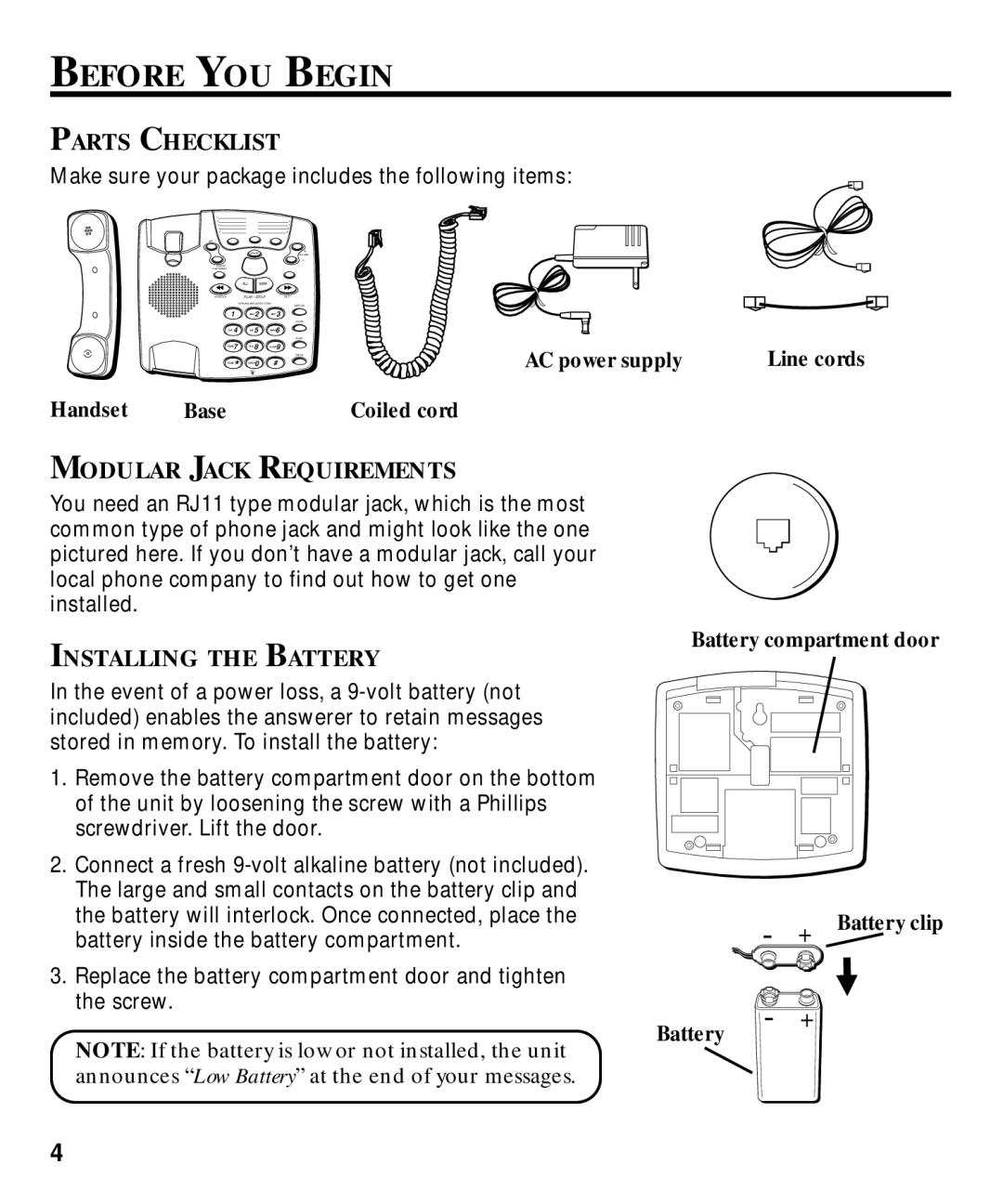 GE 29870 Series manual Before YOU Begin, Parts Checklist, Modular Jack Requirements, Installing the Battery 