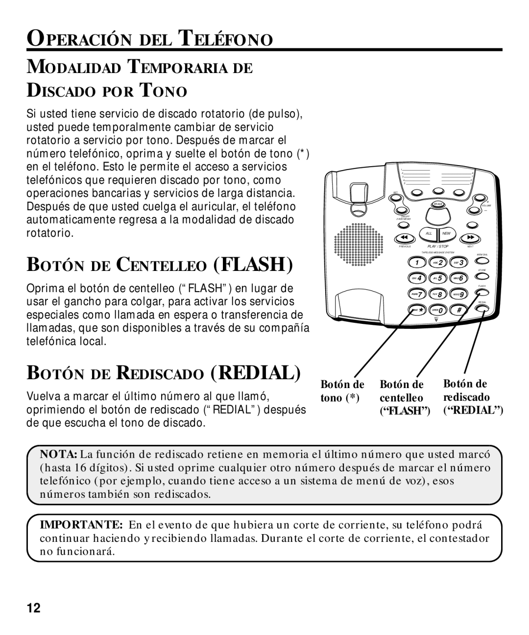 GE 29870 Series manual Operación DEL Teléfono, Modalidad Temporaria DE Discado POR Tono, Botón DE Centelleo Flash 