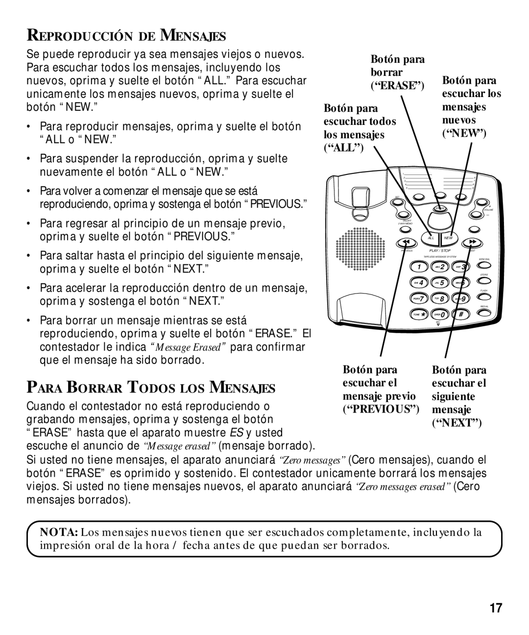 GE 29870 Series manual Reproducción DE Mensajes, Para Borrar Todos LOS Mensajes, Botón para Borrar, Erase 