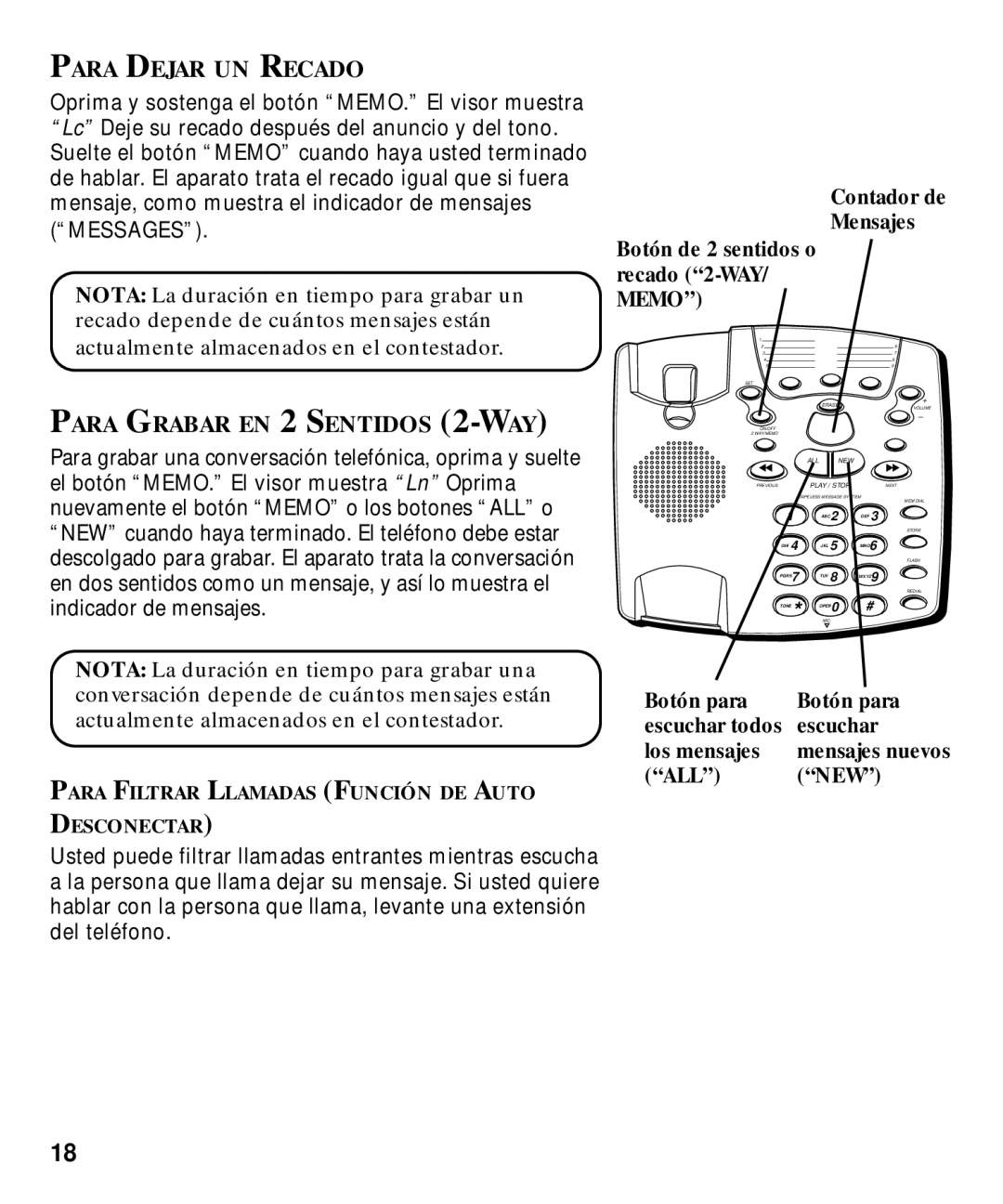 GE 29870 Series manual Para Dejar UN Recado, Para Grabar EN 2 Sentidos 2-WAY, Botón de 2 sentidos o recado 2-WAY/ Memo 