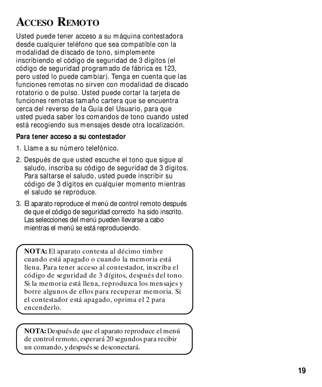 GE 29870 Series manual Acceso Remoto, Para tener acceso a su contestador 