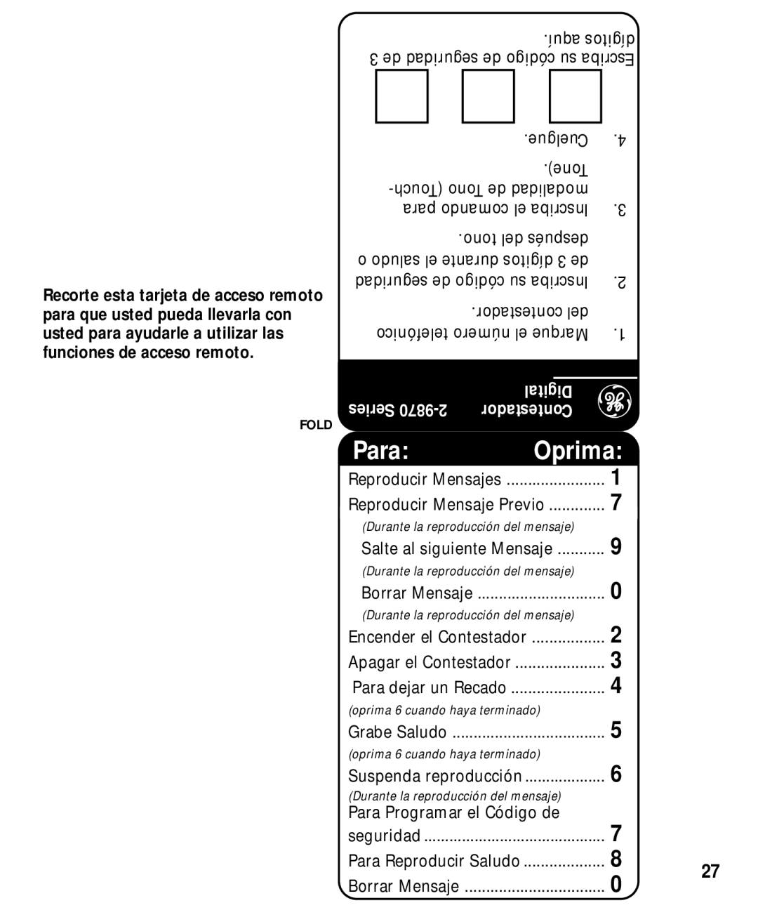 GE 29870 Series manual Para Oprima 