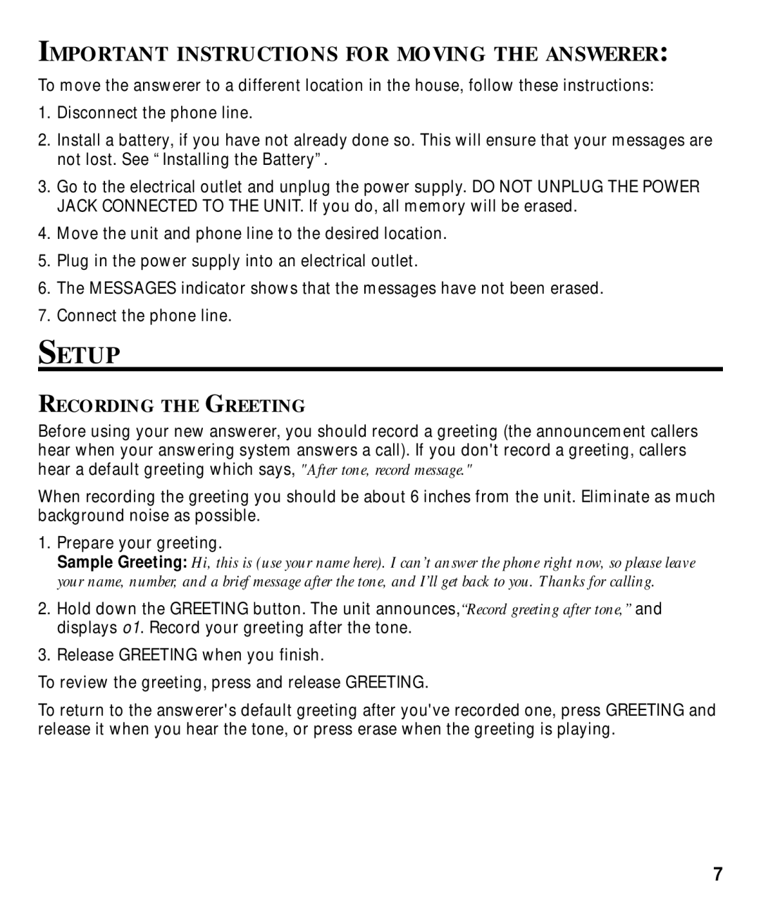 GE 29870 Series manual Setup, Important Instructions for Moving the Answerer, Recording the Greeting 