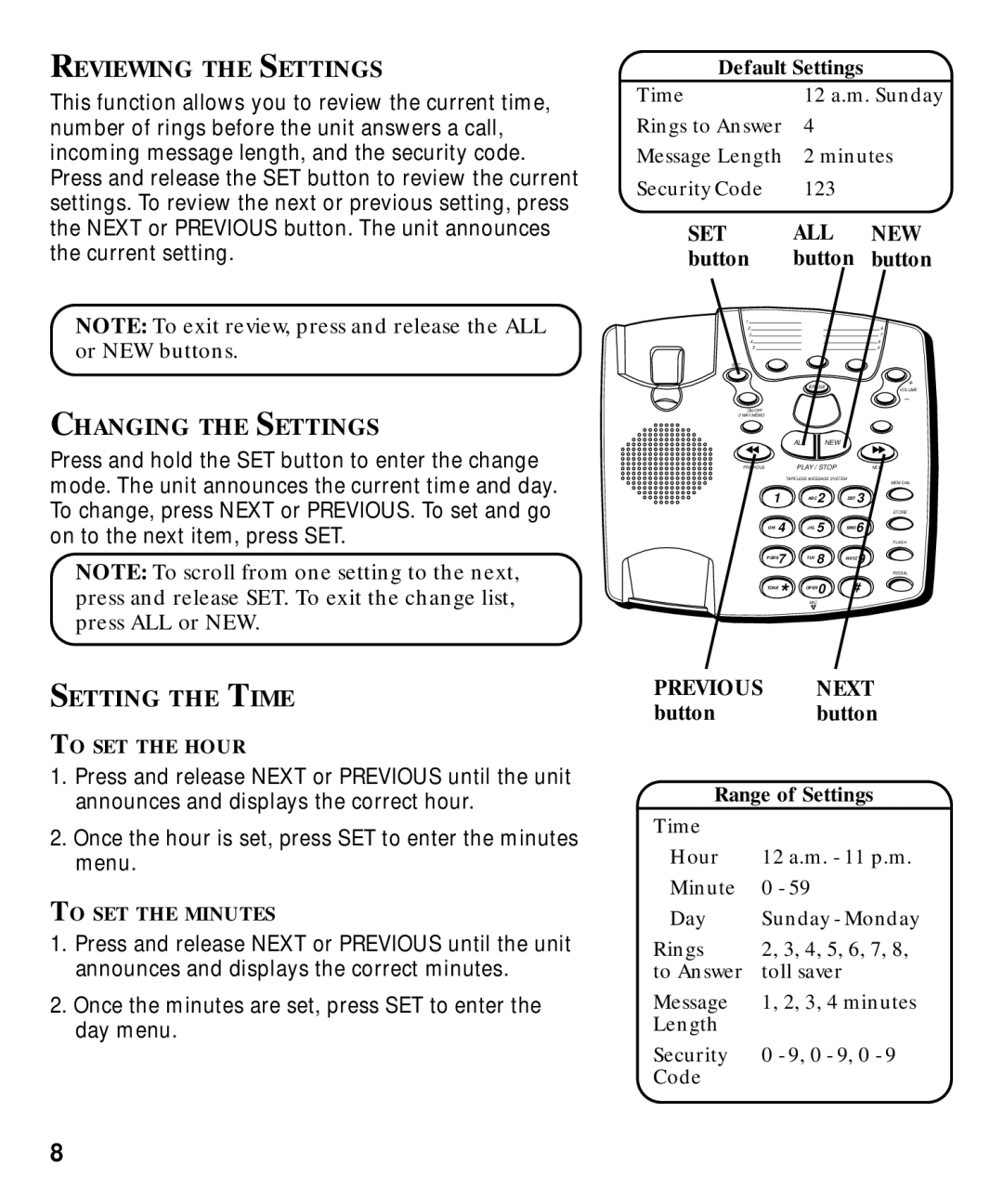 GE 29870 Series manual Reviewing the Settings, Changing the Settings, Setting the Time, Set All New, Previous Next 