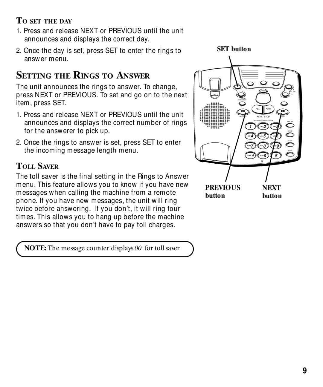 GE 29870 Series manual Setting the Rings to Answer, SET button, Buttonbutton 