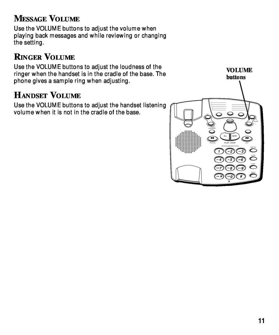 GE 29870 Series manual Message Volume, Ringer Volume, Handset Volume, VOLUME buttons, Play / Stop 