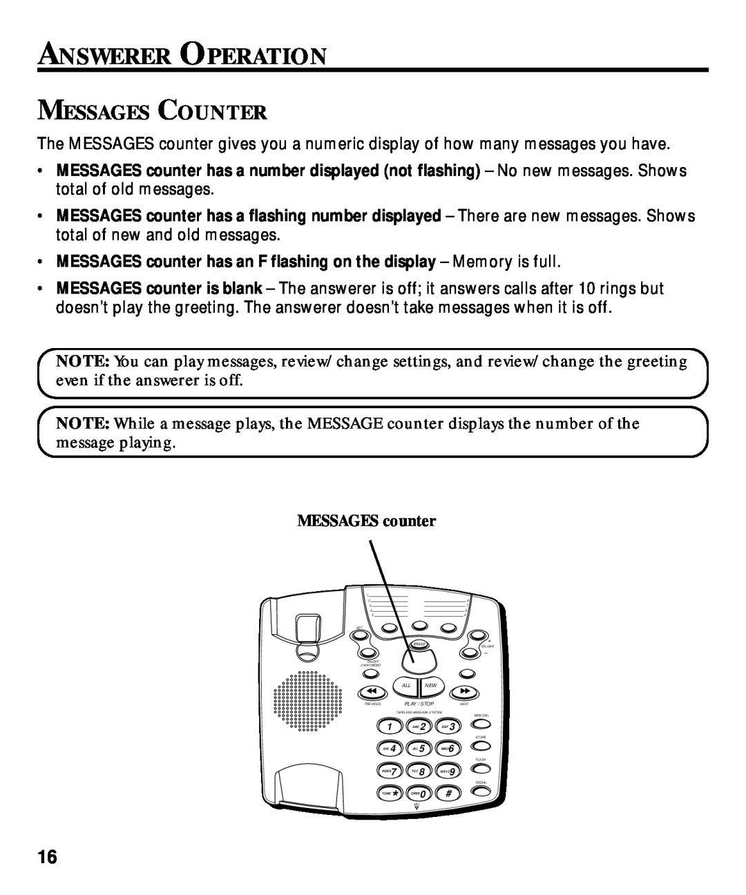 GE 29870 Series manual Answerer Operation, Messages Counter, MESSAGES counter 