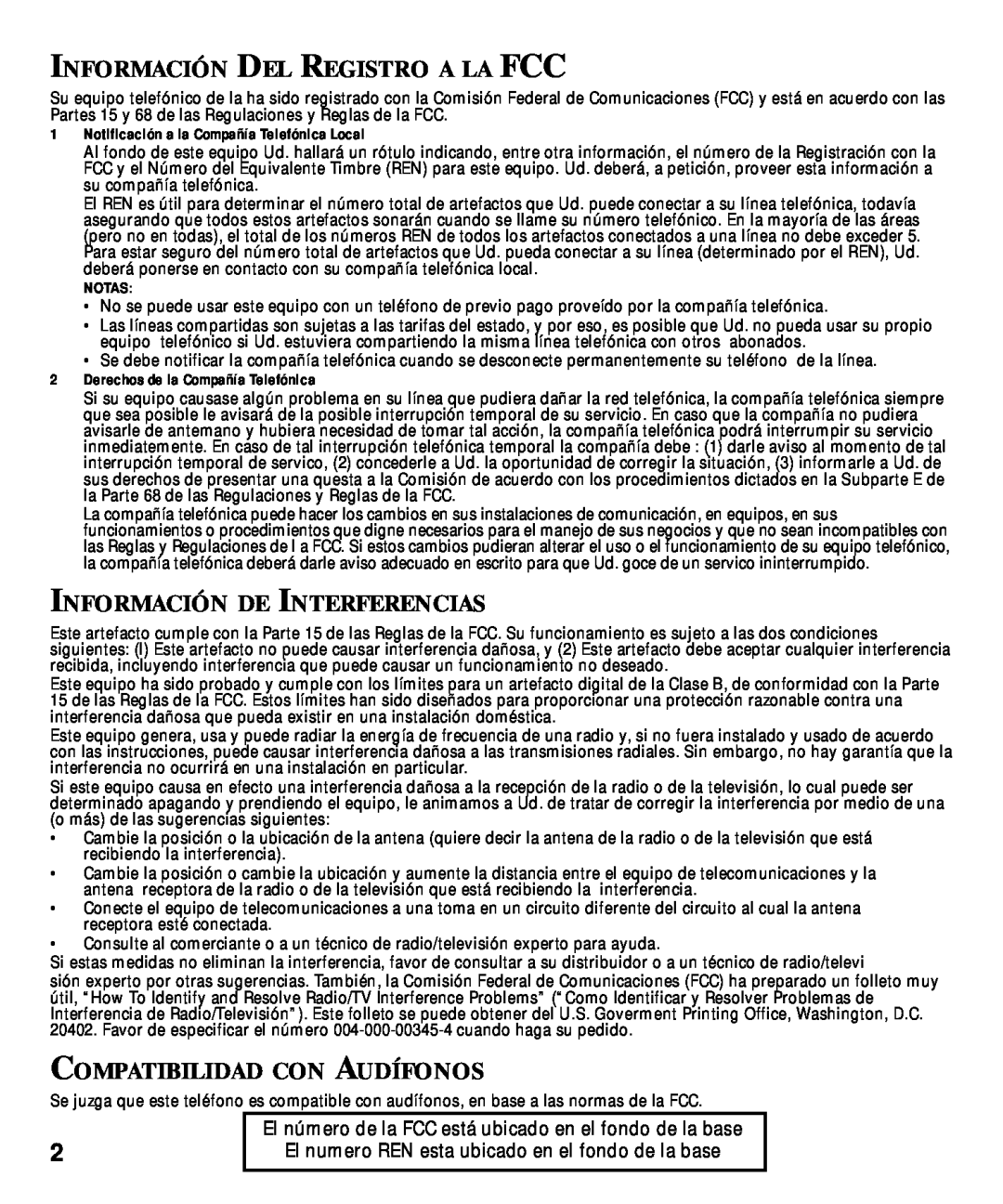 GE 29870 Series Información Del Registro A La Fcc, Información De Interferencias, Compatibilidad Con Audífonos, Notas 