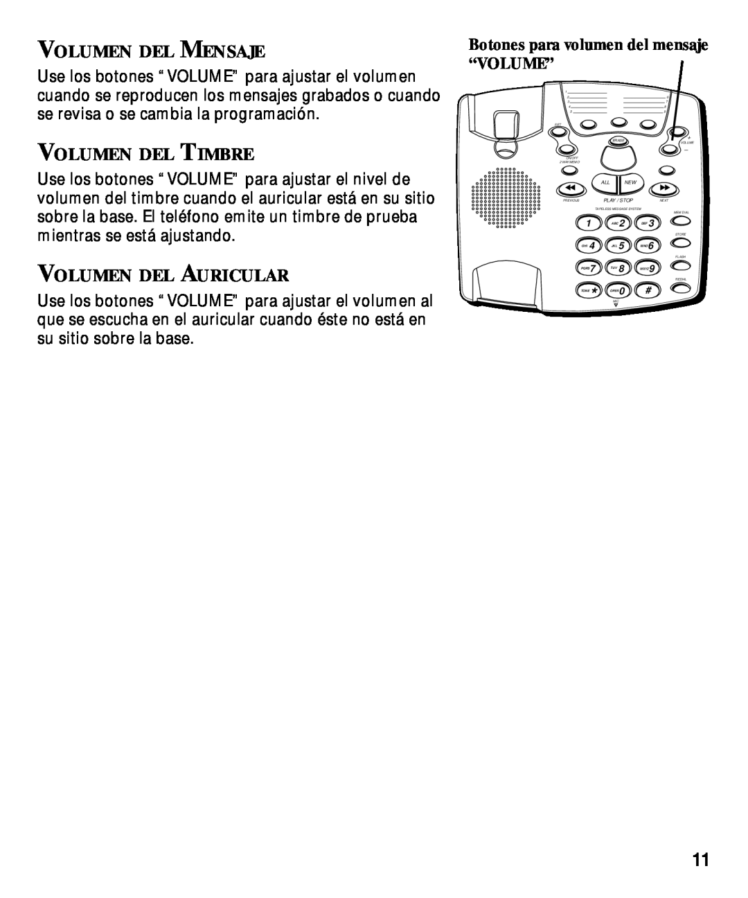 GE 29870 Series Volumen Del Mensaje, Volumen Del Timbre, Volumen Del Auricular, Botones para volumen del mensaje “VOLUME” 