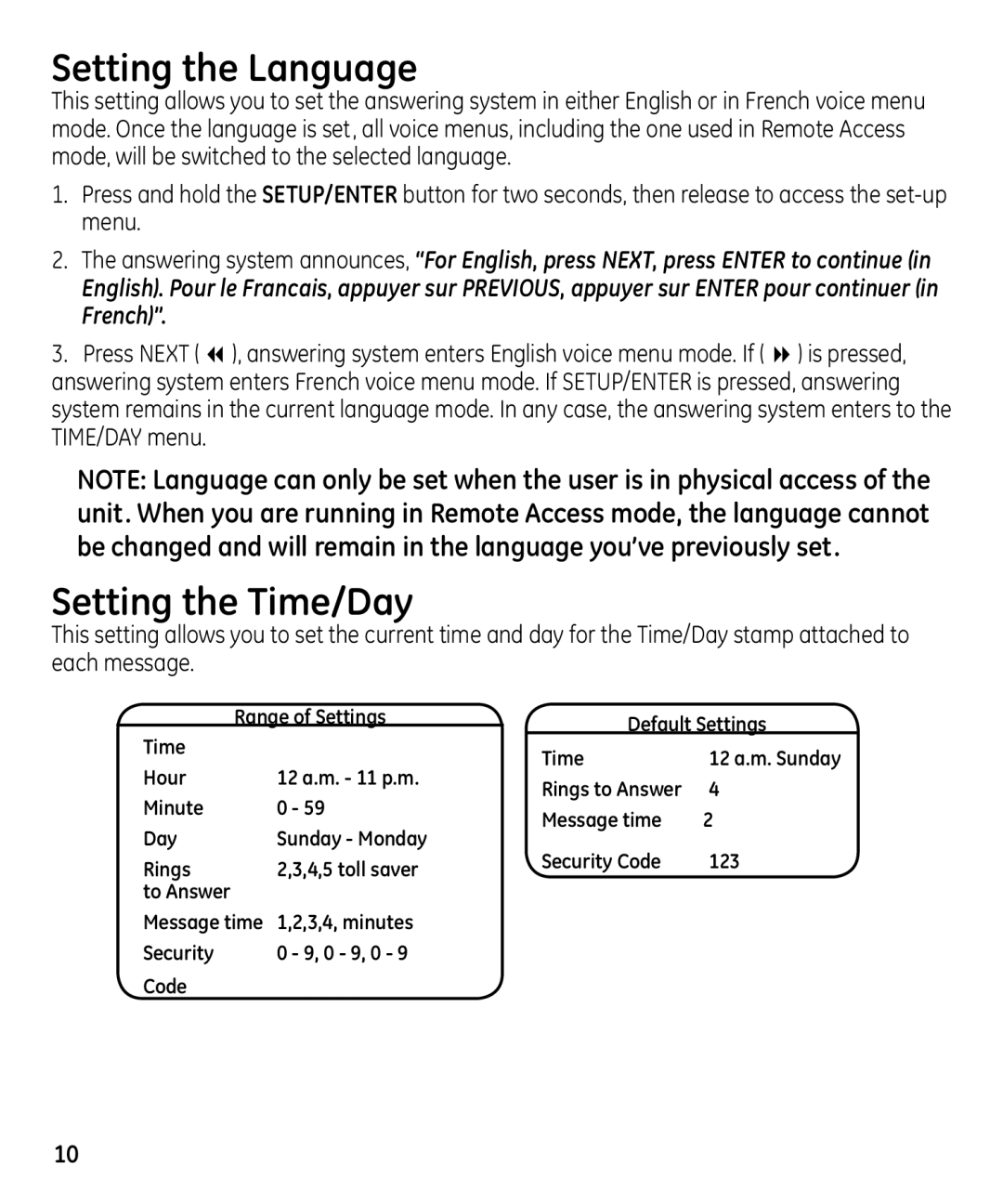 GE 29871 manual Setting the Language, Setting the Time/Day 