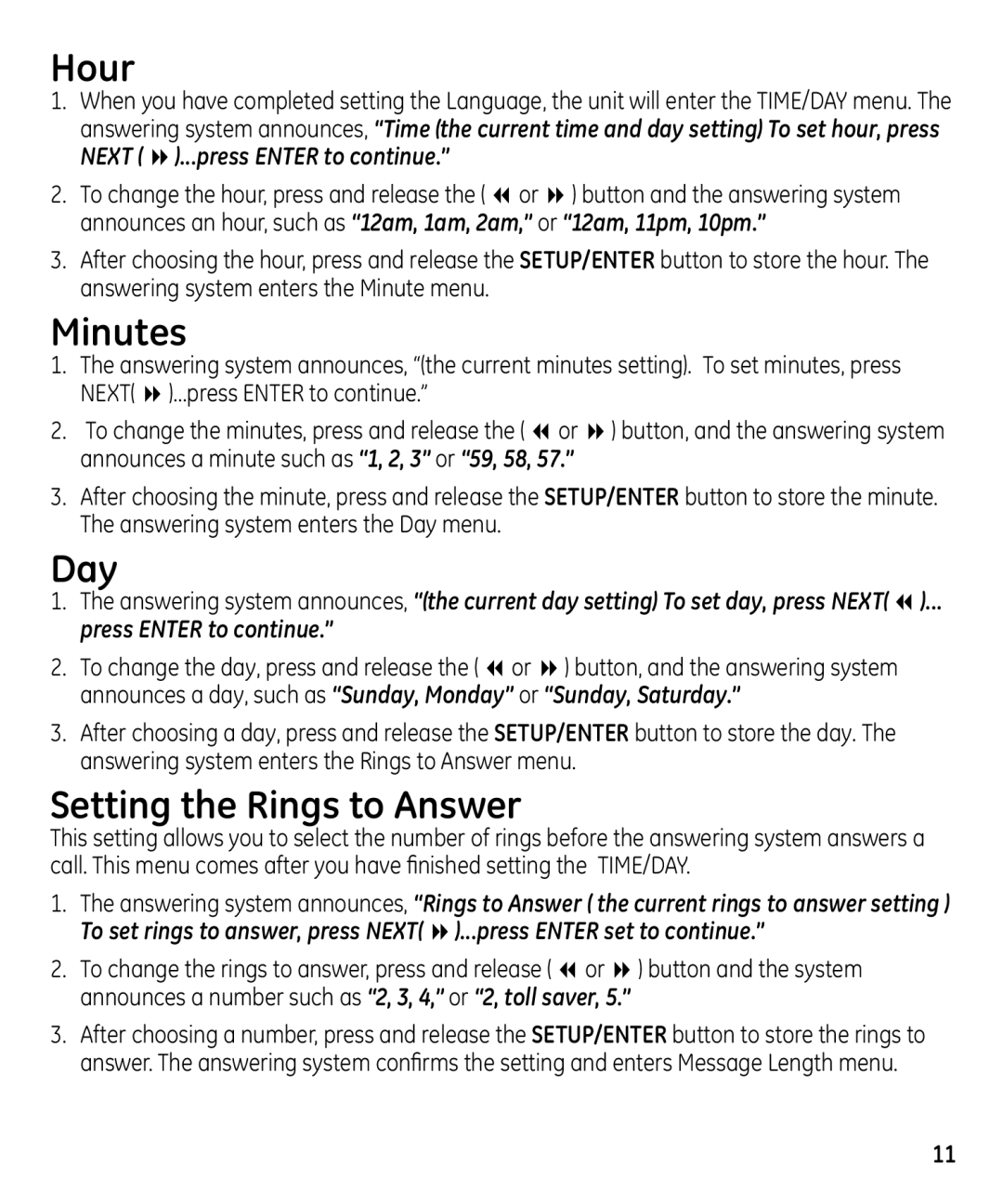 GE 29871 manual Hour, Minutes, Day, Setting the Rings to Answer 