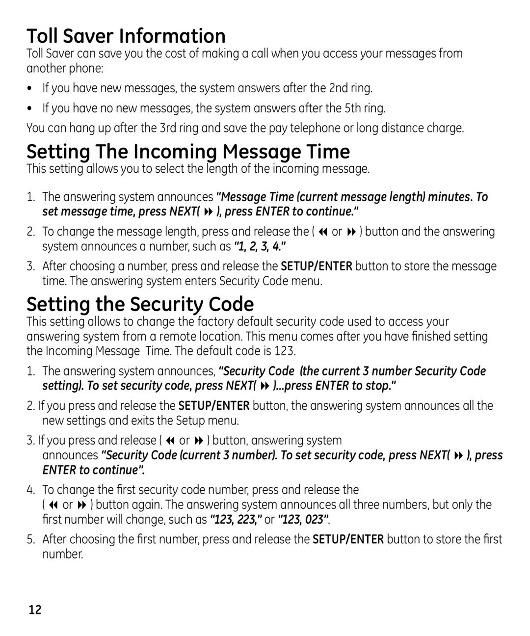 GE 29871 manual Toll Saver Information, Setting The Incoming Message Time, Setting the Security Code 